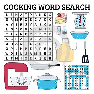 Cooking word search game for kids. Vector illustration for learn