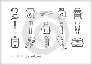 Cookout icon set of food, tools and equipment for grilling outside