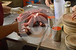 Cooks Chopping Octopus At Becerrea Octopus Fair. Cooking, Food, Travel, Professions, jobs