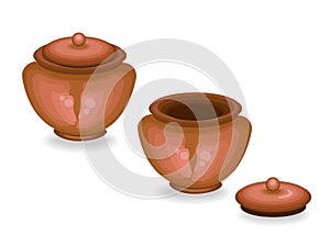 Cookware. Clay pot covered with a lid and with an open lid. Need for an au pair in the kitchen for cooking. Vector illustration