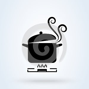 Cookware on gas stove. Pans with boiling water, opened and closed pan lid on gas stove, fire and steam, vector illustration