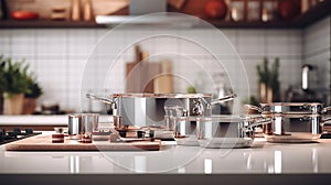 cookware kitchen in modern gourmet kitchen banner , advertising banner Background