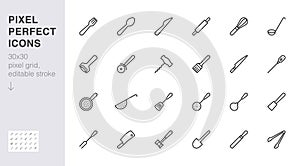 Cookware line icon set. Kitchen equipment - fork, knife, spoon, hammer, ladle, corkscrew minimal vector illustration