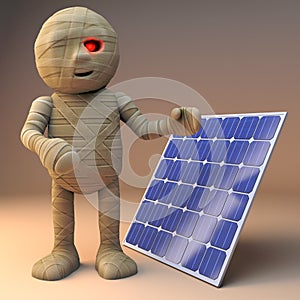 Cool 3d cartoon Egyptian mummy monster standing by a renewable energy solar panel, 3d illustration