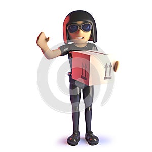 Cool 3d gothic girl wearing latex catsuit delivering a parcel, 3d illustration