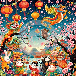 Cool and aesthetic 2024 Chinese New Year illustration