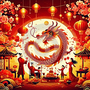 Cool and aesthetic 2024 Chinese New Year illustration