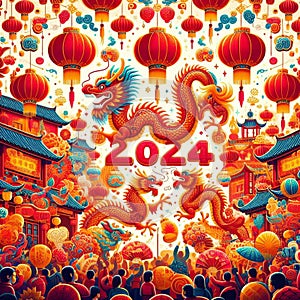 Cool and aesthetic 2024 Chinese New Year illustration