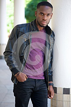Cool african american man in black leather jacket