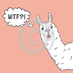 Cool Alpaca illustration with WTF typography slogan for t-shirt and other uses. Vector cartoon funny charcter with text