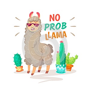 Cool alpaca lettering quote with No prob llama. Funny wildlife animal, lama quotes vector concept