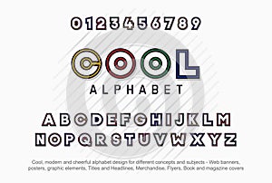 Cool Alphabet. Modern typeface font effect in bold and different colors for cheerful and fun concepts. Full set of numbers and