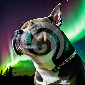 A Cool American Bully with a contemplative expression gazing at northern lights aurora borrelia