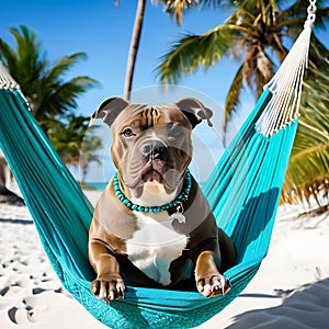 A Cool American Bully lounging on a hammock between two palm trees on a sandy white beach