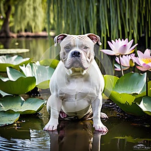 A Cool American Bully with a serene expression sitting beside drooping willow trees and graceful water lilies