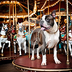 A Cool American Bully standing proudly on a vintage carousel with ornate horses and a spinning merry-go-round