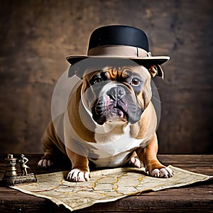 A Cool American Bully wearing a detective hat sniffing around a treasure map placed on a timeworn