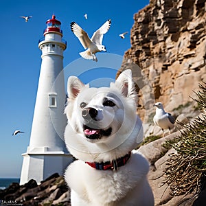 Cool American Eskimo Dog gazing up at a towering lighthouse on a cliff