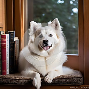 Cool American Eskimo Dog lounging on a cozy window seat with a books