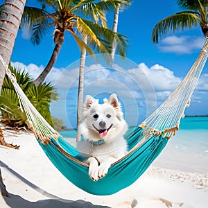 Cool American Eskimo Dog lounging in a hammock strung between trees