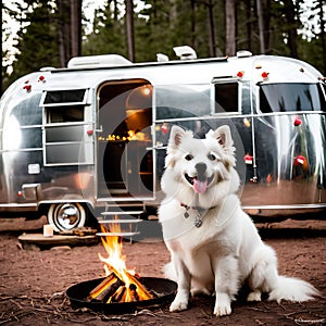 Cool American Eskimo Dog posing beside a vintage airstream trail