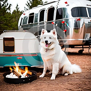 Cool American Eskimo Dog posing beside a vintage airstream trail