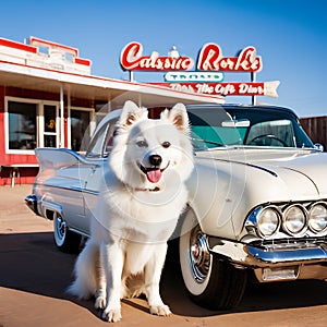 Cool American Eskimo Dog posing beside a vintage car in a classic