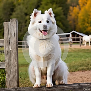 Cool American Eskimo Dog standing beside a rustic wooden fence