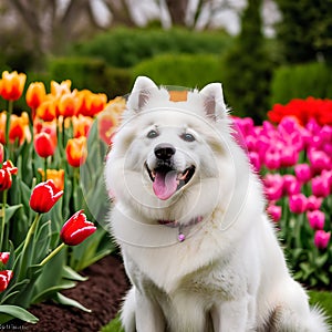 Cool American Eskimo Dog surrounded by a vibrant array of blooming tulips