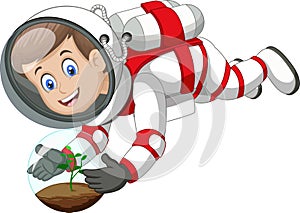 Cool Astronaut Boy In White Red Suit Uniform Flying In Zero Gravity With Plant Cartoon photo