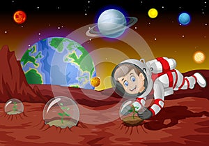 Cool Astronaut Boy in White Red Suit Uniform Planting In Mars Surface With Planets in Background Cartoon