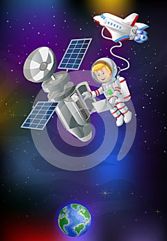Cool Astronaut In Red White Uniform Suit With Satelite, Rocket Airplane Shuttle, And Earth Planet Cartoon