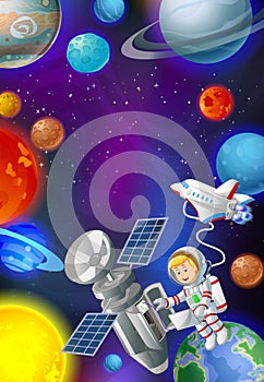 Cool Astronaut With Satelite and Rocker Airplane in Space Cartoon photo