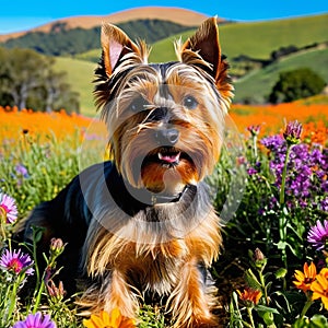 A Cool Australian Silky Terrier nestled among vibrant wildflowers in a sun-drenched meadow with a backdrop photo