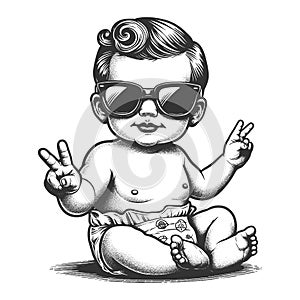 Cool Baby with Sunglasses engraving vector