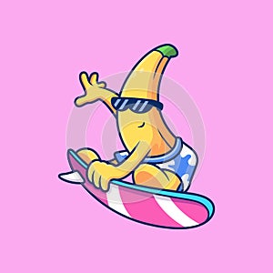 Cool Banana Surfing Cartoon. Fruit Summer Vector Icon Illustration, Isolated on Premium Vector