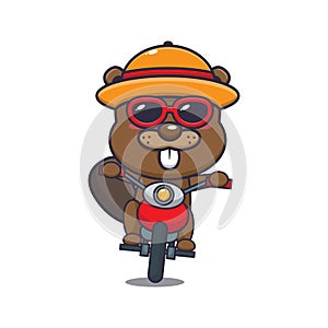 Cool beaver cartoon mascot character in sunglasses ride motorcycle in summer day