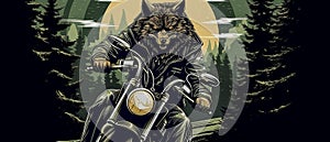 Cool biker wolf riding motorcycle. Hard rock dark fantasy character illustration