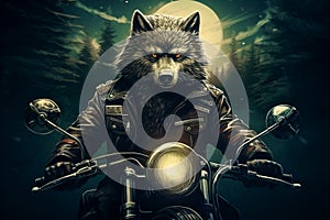 Cool biker wolf riding motorcycle. Hard rock dark fantasy character illustration