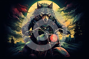 Cool biker wolf riding motorcycle. Hard rock dark fantasy character illustration