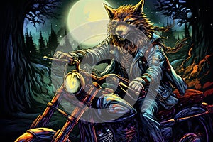 Cool biker wolf riding motorcycle. Hard rock dark fantasy character illustration