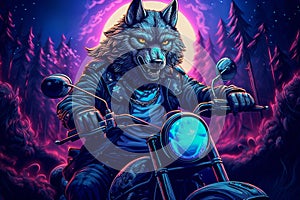 Cool biker wolf riding motorcycle. Hard rock dark fantasy character illustration