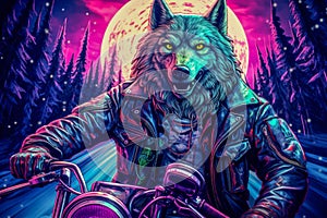 Cool biker wolf riding motorcycle. Hard rock dark fantasy character illustration