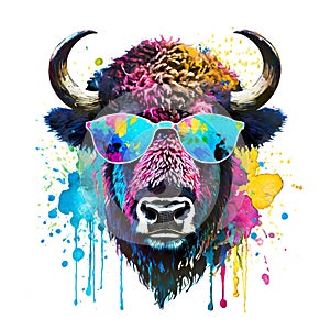 Cool bison head wear sunglass on clean background, DTG Printing, DTF Transfer, Sublimation designs, Buffalo Clipart. Wild Animals