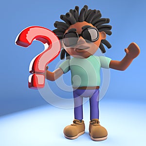 Cool black Afro Caribbean man with dreadlocks holding a question mark symbol, 3d illustration