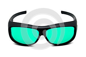 Cool black fashion sunglasses with beautiful blue lenses or sports sunglasses on isolated white background with shadow. Eyeglasses