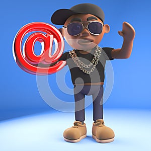 Cool black hiphop rapper in baseball cap holding email symbol, 3d illustration