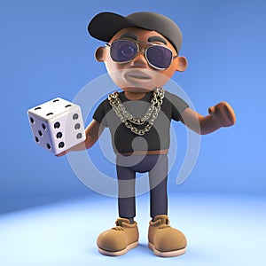 Cool black hiphop rapper in baseball cap ready to throw a dice, 3d illustration