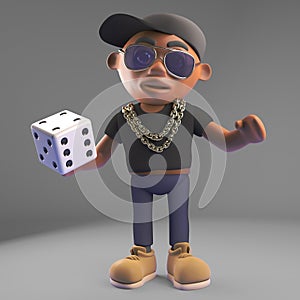 Cool black hiphop rapper gambles with a dice, 3d illustration