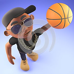 Cool black hiphop rapper shoots a basketball at the goal, 3d illustration